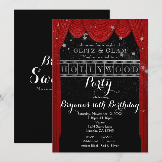 Invitation Rideaux rouges HOLLYWOOD & Cartons d'invitation de (Devant / Derrière)