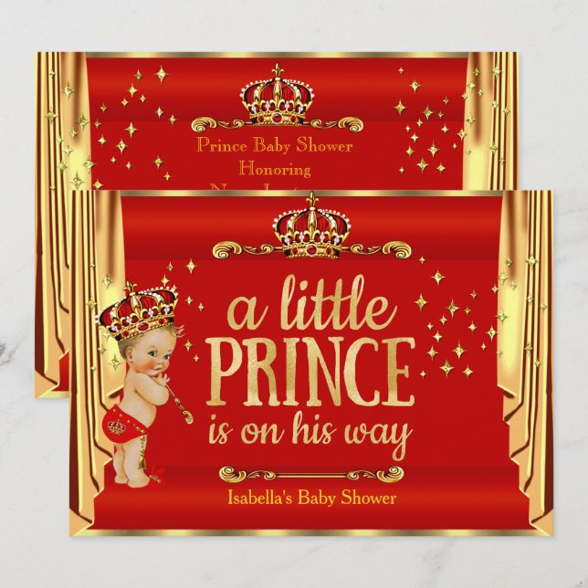 Invitation Rideaux royaux rouges dorés pour la baby shower du (Devant / Derrière)