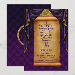 Invitation Rideaux royaux violets et dorés Anniversaire avec 