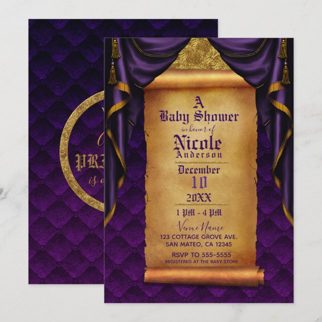 Invitation Rideaux Royaux Violets et Dorés Baby Shower Roulan (Devant / Derrière)