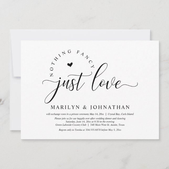 Invitation Rien De Chic, Juste Amour, Dîner Mariage Elopement (Devant)