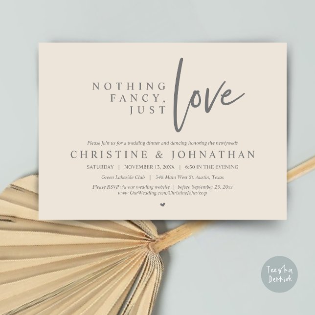 Invitation Rien De Chic, Juste Amour, Dîner Mariage Elopement (Nothing Fancy, Just Love, Wedding Elopement Dinner Invitation Card, PDF, in Grey Cream)