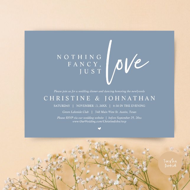 Invitation Rien De Chic, Juste Amour, Dîner Mariage Elopement (Nothing Fancy, Just Love, Wedding Elopement Dinner Invitation Card, PDF, in Dusty Blue)