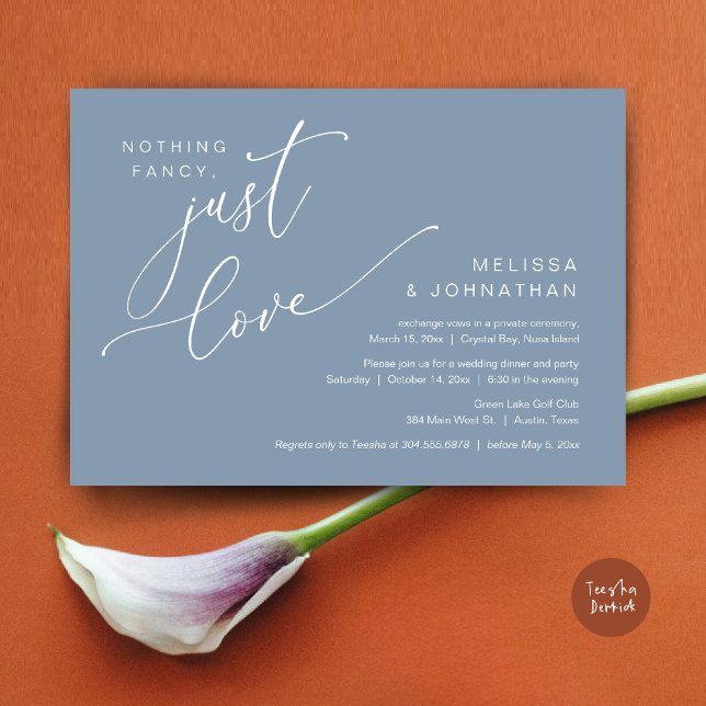 Invitation Rien De Chic, Juste Amour, Dîner Mariage Elopement (Nothing Fancy, Just Love, Wedding Elopement Dinner Invitation Card, PDF, in Dusty Blue)