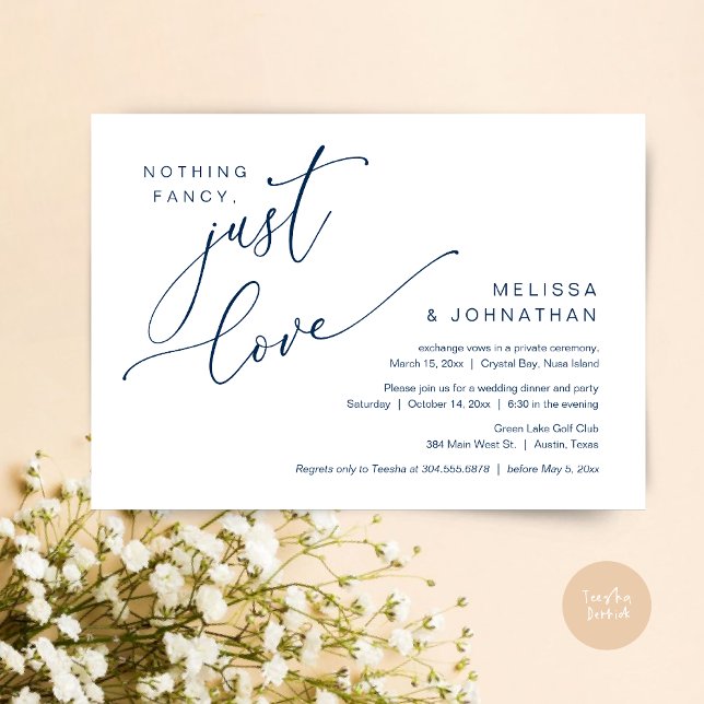 Invitation Rien De Chic, Juste Amour, Dîner Mariage Elopement (Nothing Fancy, Just Love, Wedding Elopement Dinner Invitation Card, PDF, in Navy Blue)