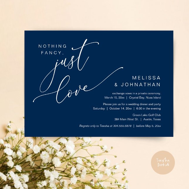 Invitation Rien De Chic, Juste Amour, Dîner Mariage Elopement (Nothing Fancy, Just Love, Wedding Elopement Dinner Invitation Card, PDF, in Navy Blue)