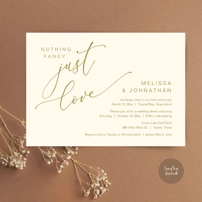 Invitation Rien De Chic, Juste Amour, Dîner Mariage Elopement (Nothing Fancy, Just Love, Wedding Elopement Dinner Invitation Card, PDF, in Retro Classy Gold)
