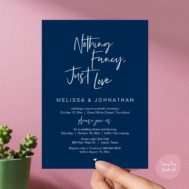 Invitation Rien De Chic, Juste Amour, Dîner Mariage Elopement (Happily Ever After Party, Wedding Elopement Dinner Brunch Lunch Invitation Card, PDF, Navy Blue)