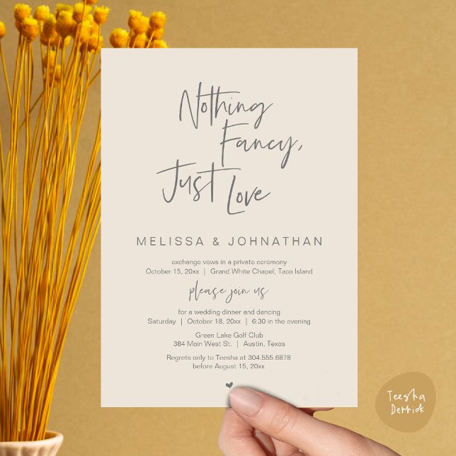 Invitation Rien De Chic, Juste Amour, Dîner Mariage Elopement (Happily Ever After Party, Wedding Elopement Dinner Brunch Lunch Invitation Card, PDF, Cream Grey)
