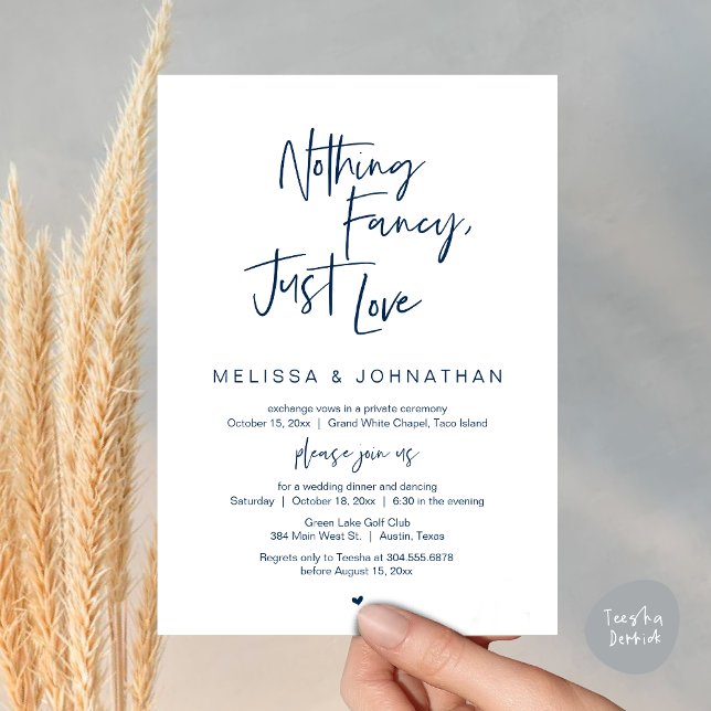 Invitation Rien De Chic, Juste Amour, Dîner Mariage Elopement (Happily Ever After Party, Wedding Elopement Dinner Brunch Lunch Invitation Card, PDF, Navy Blue)