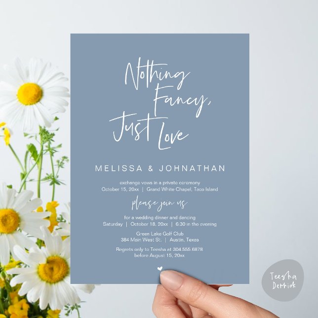Invitation Rien De Chic, Juste Amour, Dîner Mariage Elopement (Happily Ever After Party, Wedding Elopement Dinner Brunch Lunch Invitation Card, PDF, Dusty Blue)