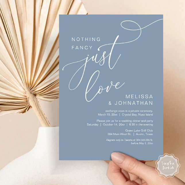 Invitation Rien De Chic, Juste Amour, Dîner Romantique Mariag (Nothing Fancy, Just Love, Romantic Wedding Elopement Dinner Invitation Card, PDF, Dusty Blue)