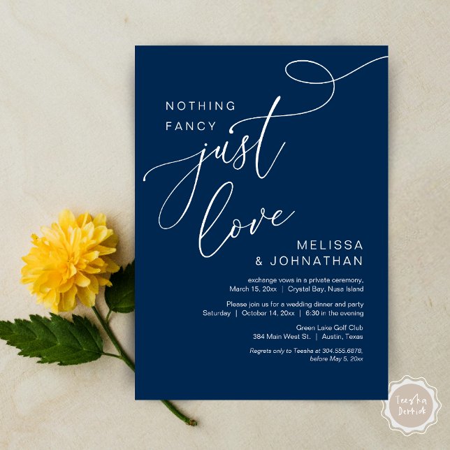Invitation Rien De Chic, Juste Amour, Dîner Romantique Mariag (Nothing Fancy, Just Love, Romantic Wedding Elopement Dinner Invitation Card, PDF, Navy Blue)