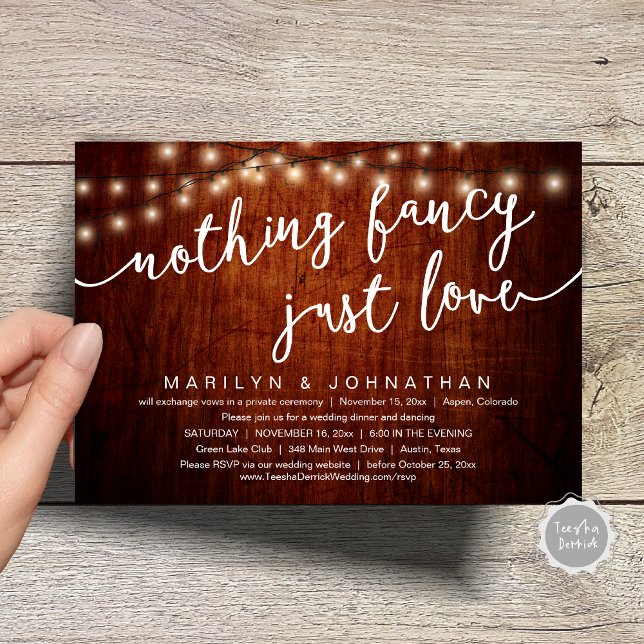 Invitation Rien De Chic, Juste Amour, Dîner Rustique Mariage (Nothing Fancy, Just Love, Rustic Cottage String Lights, Wedding Dinner Invites Card, PDF, Brown Wood)