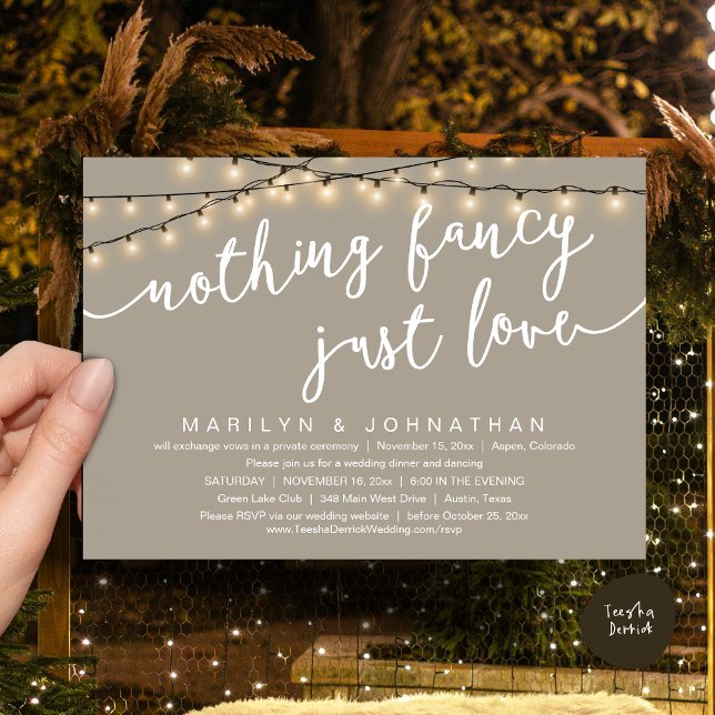Invitation Rien De Chic, Juste Amour, Dîner Rustique Mariage (Nothing Fancy, Just Love, Rustic Cottage String Lights, Wedding Dinner Invites Card, PDF Taupe)