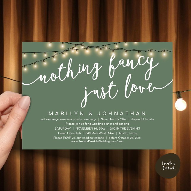Invitation Rien De Chic, Juste Amour, Dîner Rustique Mariage (Nothing Fancy, Just Love, Rustic Cottage String Lights, Wedding Dinner Invites Card, PDF, Sage Green)