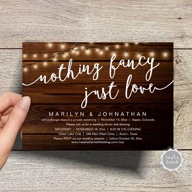 Invitation Rien De Chic, Juste Amour, Dîner Rustique Mariage (Nothing Fancy, Just Love, Rustic Cottage String Lights, Wedding Dinner Invites Card, PDF, Brown Wood)
