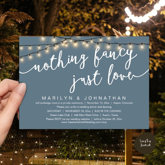 Invitation Rien De Chic, Juste Amour, Dîner Rustique Mariage (Nothing Fancy, Just Love, Rustic Cottage String Lights, Wedding Dinner Invites Card, PDF, Dusty Blue)