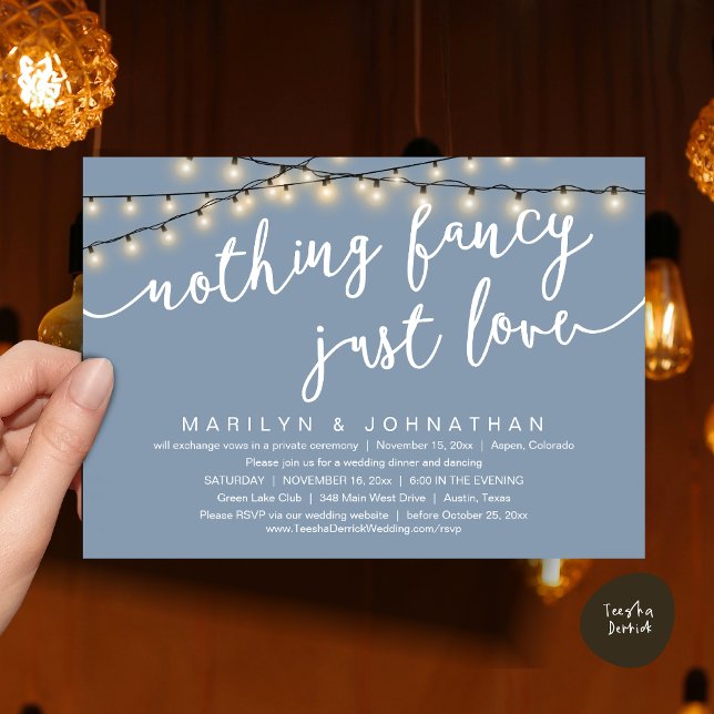 Invitation Rien De Chic, Juste Amour, Dîner Rustique Mariage (Nothing Fancy, Just Love, Rustic Cottage String Lights, Wedding Dinner Invites Card, PDF, Dusty Blue)