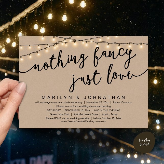 Invitation Rien De Chic, Juste Amour, Dîner Rustique Mariage (Nothing Fancy, Just Love, Rustic Cottage String Lights, Wedding Dinner Invites Card, PDF, Brown Kraf)