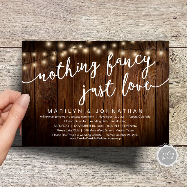 Invitation Rien De Chic, Juste Amour, Dîner Rustique Mariage (Nothing Fancy, Just Love, Rustic Cottage String Lights, Wedding Dinner Invites Card, PDF, Brown Wood)