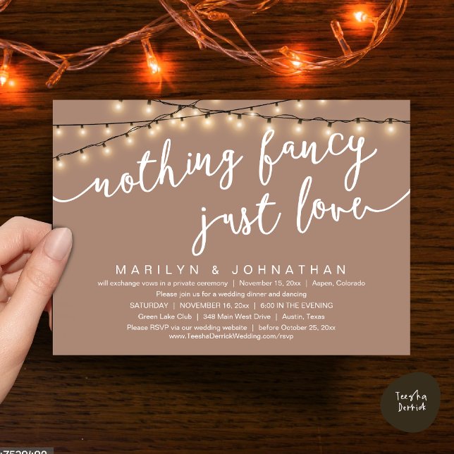 Invitation Rien De Chic, Juste Amour, Dîner Rustique Mariage (Nothing Fancy, Just Love, Rustic Cottage String Lights, Wedding Dinner Invites Card, PDF, Taupe )