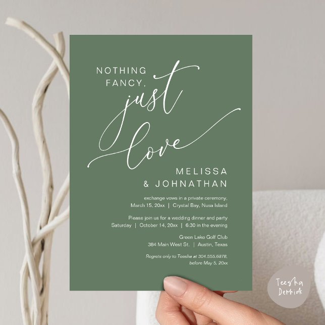 Invitation Rien De Chic, Juste Amour, Mariage Elopement (Nothing Fancy, Just Love, Wedding Elopement Invitation Card, PDF, Greenery Sage Green)