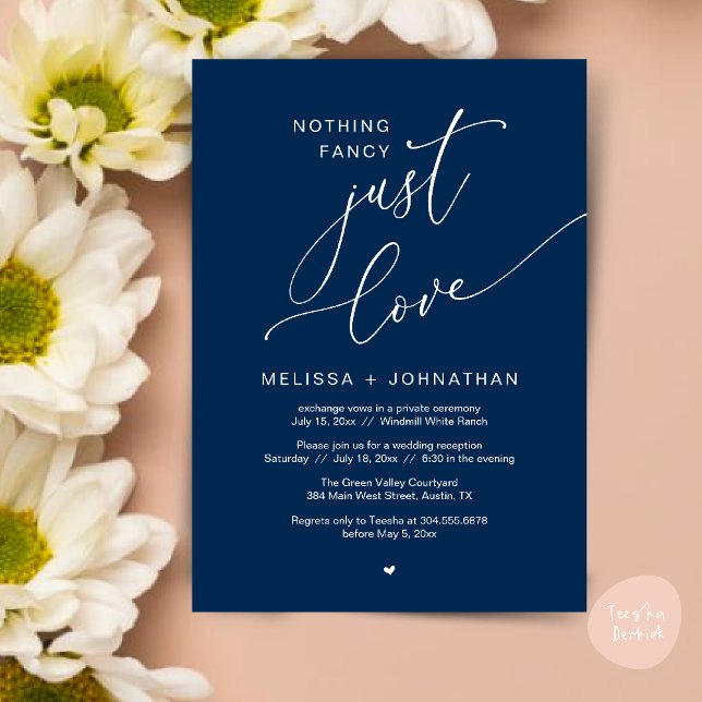Invitation Rien De Chic, Juste Amour, Réception De Mariage (Nothing Fancy Just Love Wedding Reception Dinner Lunch Brunch Romantic Invites Card PDF Navy Blue)