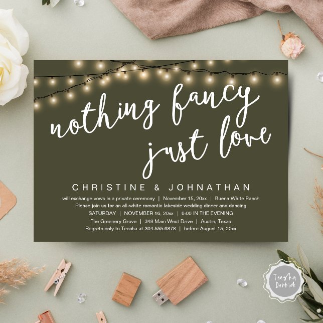 Invitation Rien De Chic, Juste Amour Rustique Dîner Mariage (Nothing Fancy, Just Love Rustic Wedding Dinner Invitation Card PDF String Lights Olive Green)