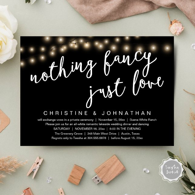 Invitation Rien De Chic, Juste Amour Rustique Dîner Mariage (Nothing Fancy, Just Love Rustic Wedding Dinner Invitation Card PDF String Lights Black White)