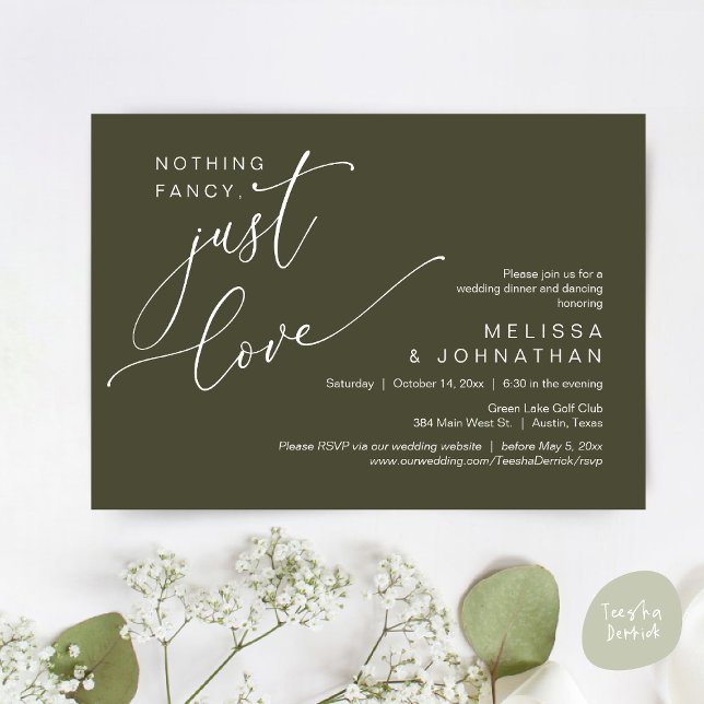 Invitation Rien De Chic, Juste De L'Amour, Dîner Mariage Dans (Nothing Fancy, Just Love, Wedding Romantic Dinner Dancing Invitation Card, PDF, in Olive Green)