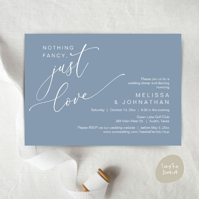 Invitation Rien De Chic, Juste De L'Amour, Dîner Mariage Dans (Nothing Fancy, Just Love, Wedding Romantic Dinner Dancing Invitation Card, PDF, in Dusty Blue)