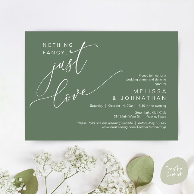 Invitation Rien De Chic, Juste De L'Amour, Dîner Mariage Dans (Nothing Fancy, Just Love, Wedding Romantic Dinner Dancing Invitation Card, PDF, in Sage Green)