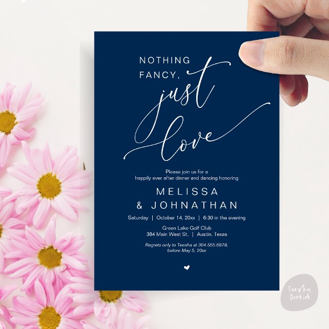 Invitation Rien De Chic, Juste De L'Amour, Dîner Mariage Dans (Nothing Fancy, Just Love, Romantic Wedding Dinner Dancing Invitation Card, PDF, in Navy Blue)
