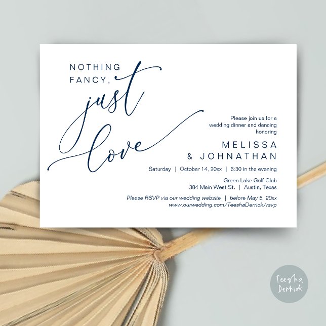 Invitation Rien De Chic, Juste De L'Amour, Dîner Mariage Dans (Nothing Fancy, Just Love, Wedding Romantic Dinner Dancing Invitation Card, PDF, in Navy Blue)