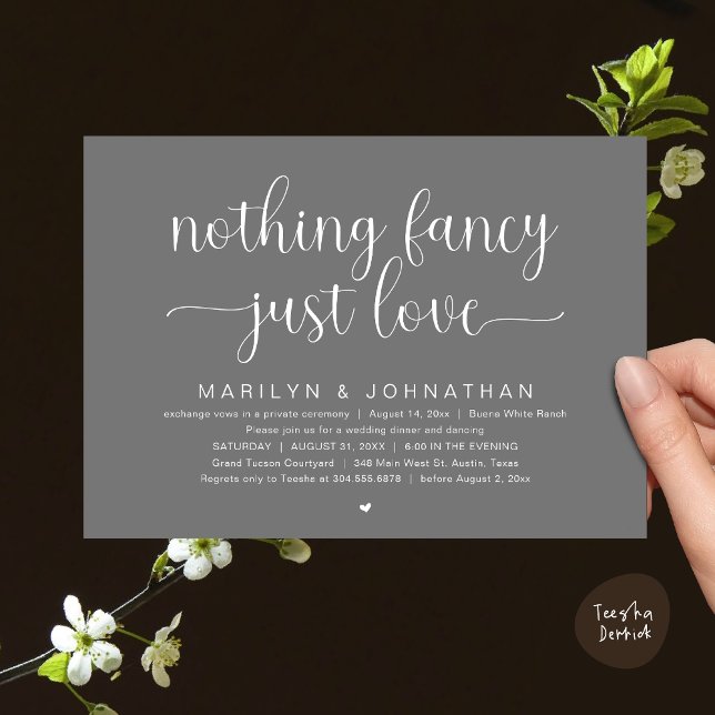 Invitation Rien De Chic, Juste De L'Amour, Dîner Mariage Dans (Nothing Fancy, Just Love, Modern Wedding Dinner Dancing Dancing Invitation Card, PDF, Classy Grey)