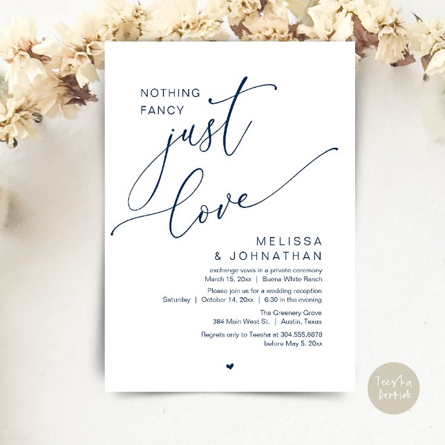 Invitation Rien De Chic, Juste De L'Amour, Réception De Maria (Nothing Fancy, Just Love, Wedding Reception Dinner Party Brunch Lunch Invitation Card Navy Blue)