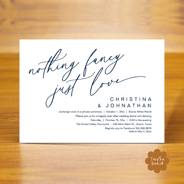 Invitation Rien De Fancy Just Love Dîner Mariage (Nothing Fancy Just Love Modern Romantic Wedding Dinner Party Invitation Card PDF Navy Blue)