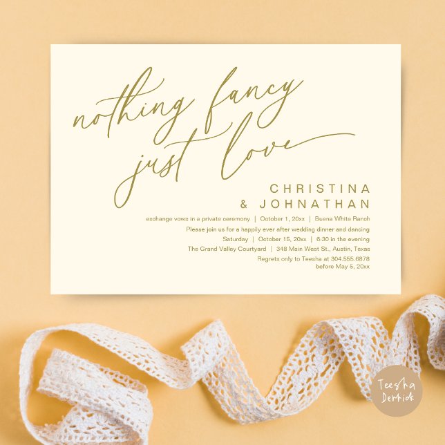 Invitation Rien De Fancy Just Love Dîner Mariage (Nothing Fancy Just Love Modern Romantic Wedding Dinner Party Invitation Card PDF Yellow Gold)