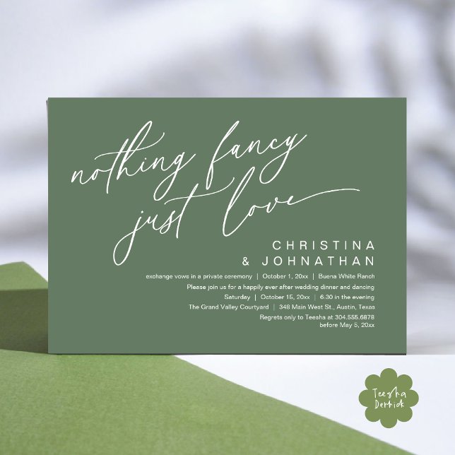 Invitation Rien De Fancy Just Love Dîner Mariage (Nothing Fancy Just Love Modern Romantic Wedding Dinner Party Invitation Card PDF Sage Green)