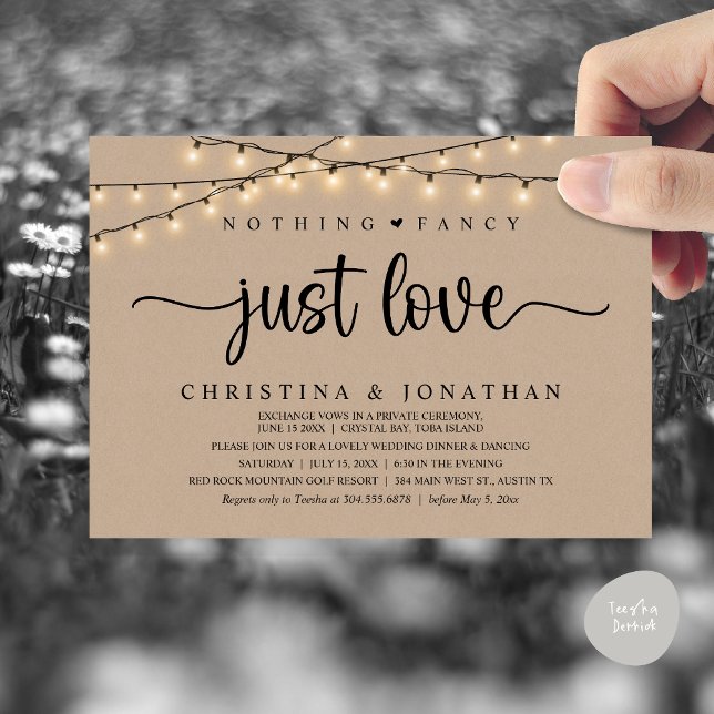 Invitation Rien De Fancy Just Love, Dîner Rustique Mariage (Nothing Fancy Just Love, Rustic Wedding Dinner Party Invitation Card, PDF, String Lights Brown Kraft)