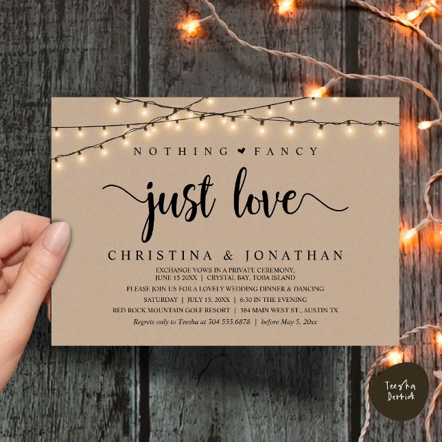 Invitation Rien De Fancy Just Love, Dîner Rustique Mariage (Nothing Fancy Just Love, Rustic Wedding Dinner Invitation Card, PDF, String Lights Brown Kraft)