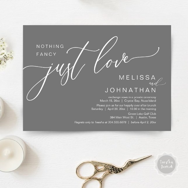 Invitation Rien De Fancy Just Love, Mariage Elopement Brunch (Celebrate with us, Nothing Fancy Just Love, Romantic Wedding Brunch Invitation Card PDF Dark Grey)