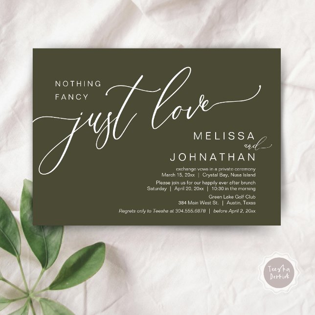 Invitation Rien De Fancy Just Love, Mariage Elopement Brunch (Celebrate with us, Nothing Fancy Just Love, Romantic Wedding Brunch Invitation Card PDF Olive Green)