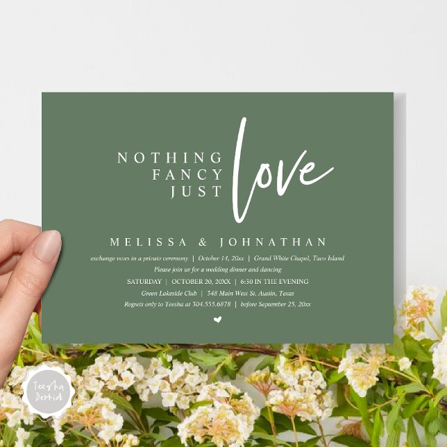 Invitation Rien De Fancy, Just Love Mariage Elopement Dîner (Nothing Fancy, Just Love Wedding Elopement Dinner Party Invitation Card, PDF, Forest Sage Green)