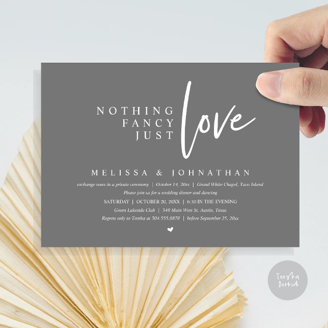 Invitation Rien De Fancy, Just Love Mariage Elopement Dîner (Nothing Fancy, Just Love Wedding Elopement Dinner Party Invitation Card, PDF, Dark Grey)