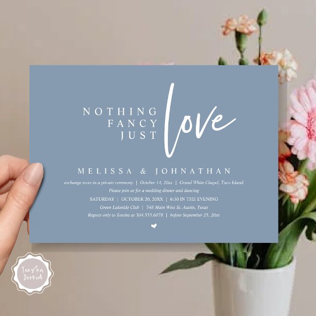 Invitation Rien De Fancy, Just Love Mariage Elopement Dîner (Nothing Fancy, Just Love Wedding Elopement Dinner Party Invitation Card, PDF, Dusty Blue)