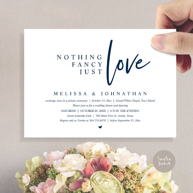 Invitation Rien De Fancy, Just Love Mariage Elopement Dîner (Nothing Fancy, Just Love Wedding Elopement Dinner Party Invitation Card, PDF, Navy Blue)