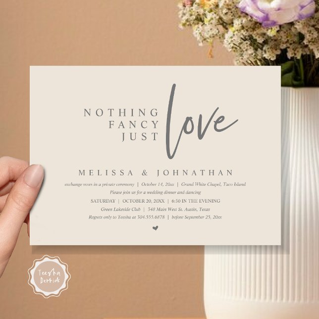 Invitation Rien De Fancy, Just Love Mariage Elopement Dîner (Nothing Fancy, Just Love Wedding Elopement Dinner Party Invitation Card, PDF, Cream Grey)
