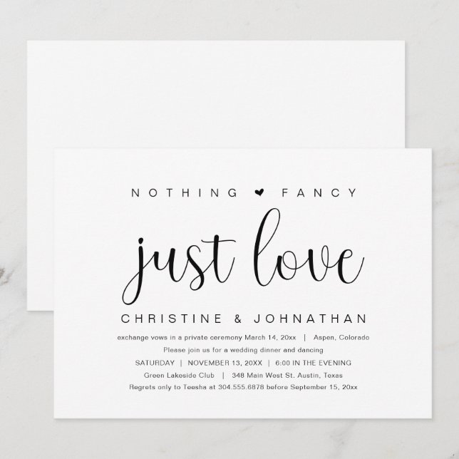 Invitation Rien De Fancy Just Love, Mariage Elopement Party I (Devant / Derrière)